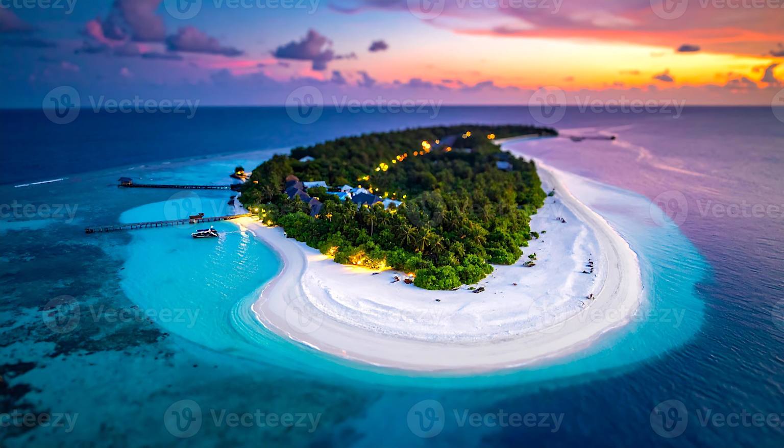 Maldives island resort at sunset aerial view