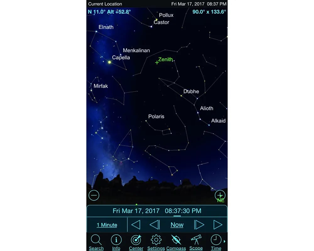 Pantalla de inicio de ObservApp mostrando datos de Sol y Luna en tiempo real