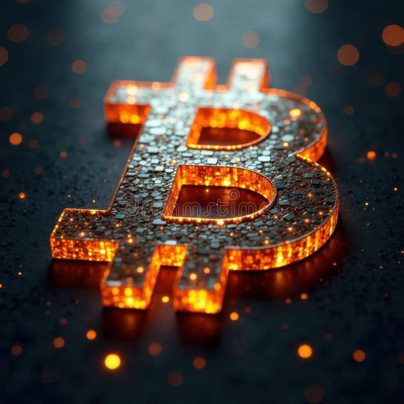 Glowing Bitcoin symbol orange dark background