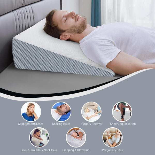 Best Sleeping Position: Side, Back & Stomach Guide 14 Man sleeping elevated on wedge pillow for back support and acid reflux relief with icons showing GERD snoring surgery recovery knee leg elevation