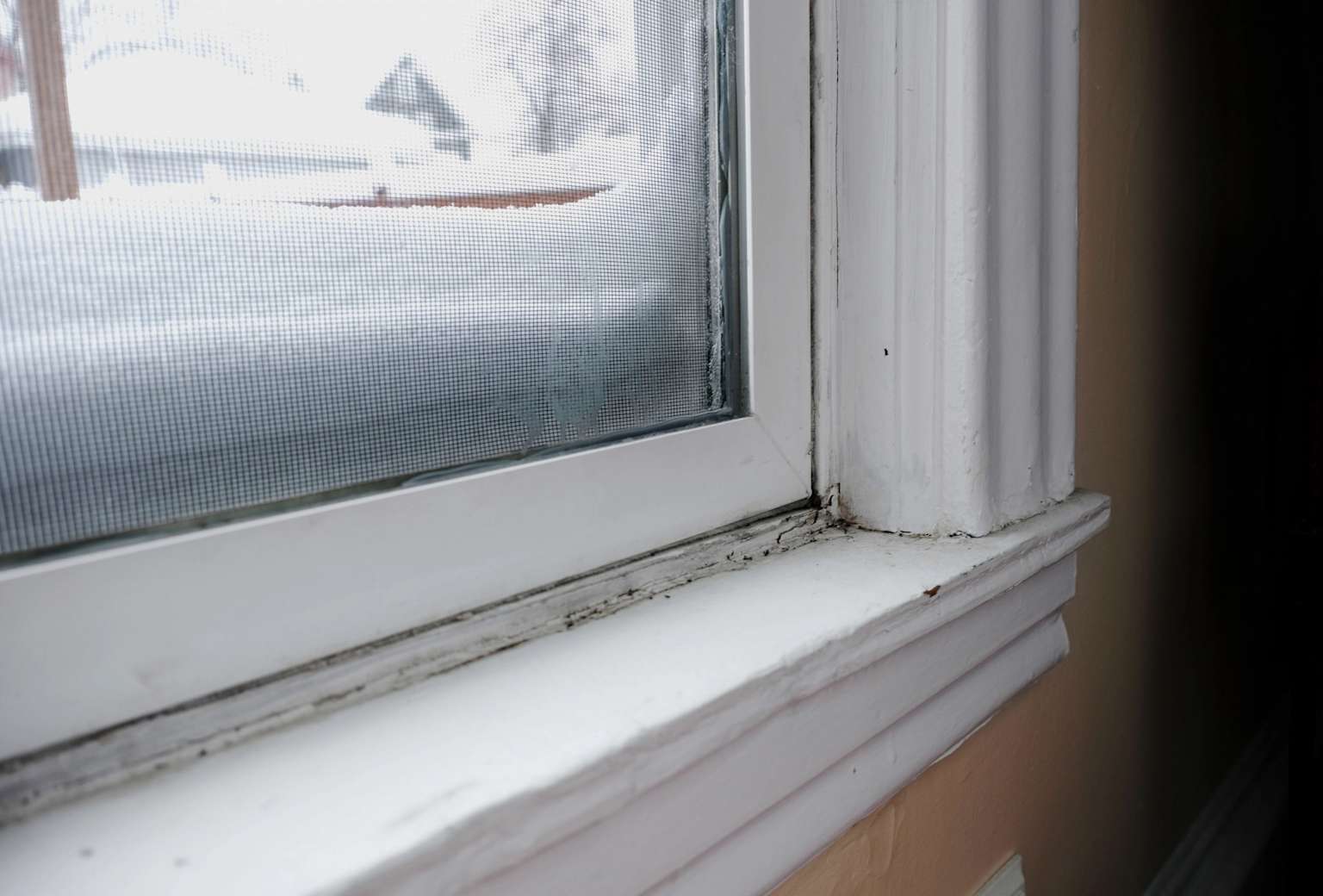 Close up of a cold, drafty window with winter condensation and frost