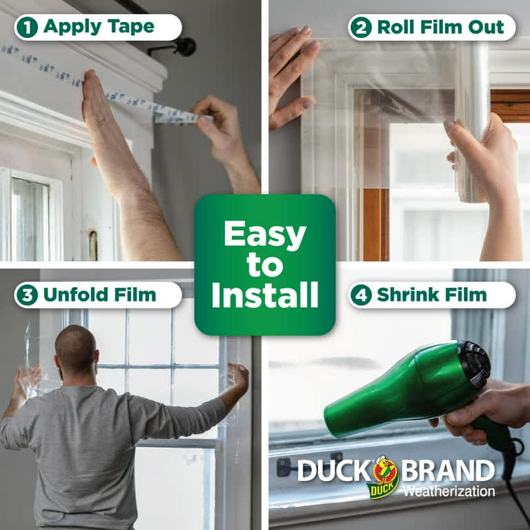 Four-step instructions for installing shrink film window insulation with a hairdryer