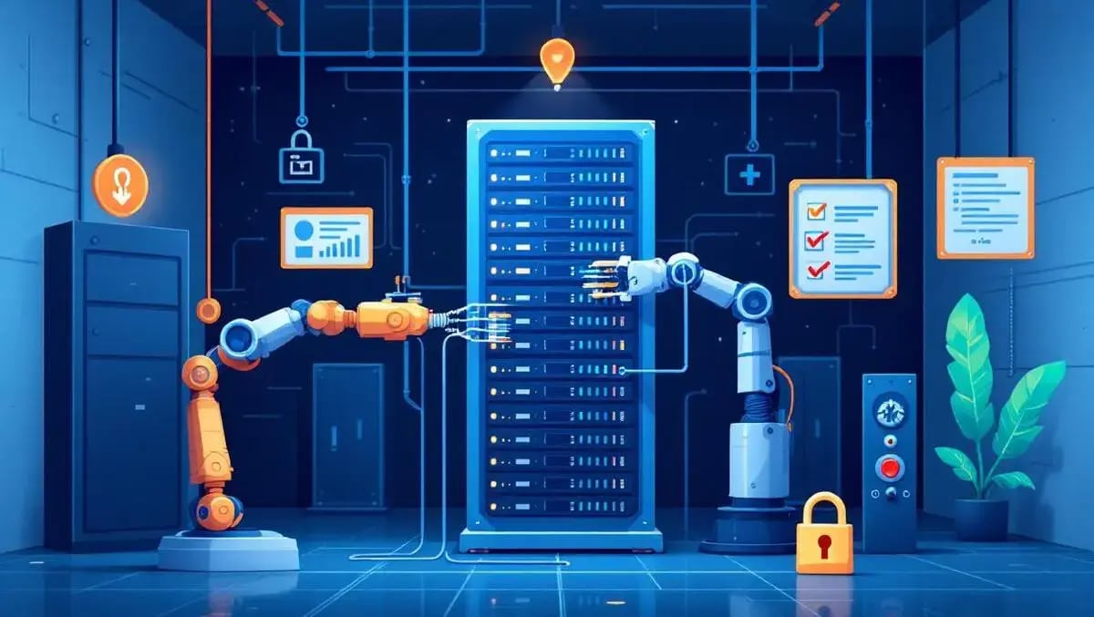 AI agent security risk robotic arms interacting with server infrastructure database deletion warning