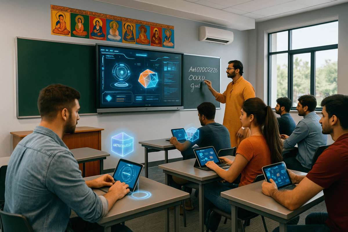 Indian teacher guiding students who are using tablets and AI powered learning apps in a bright classroom