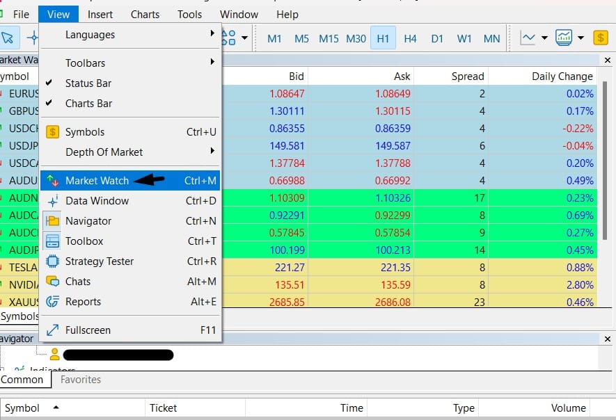 MetaTrader 5 trading platform interface showing market watch and currency charts