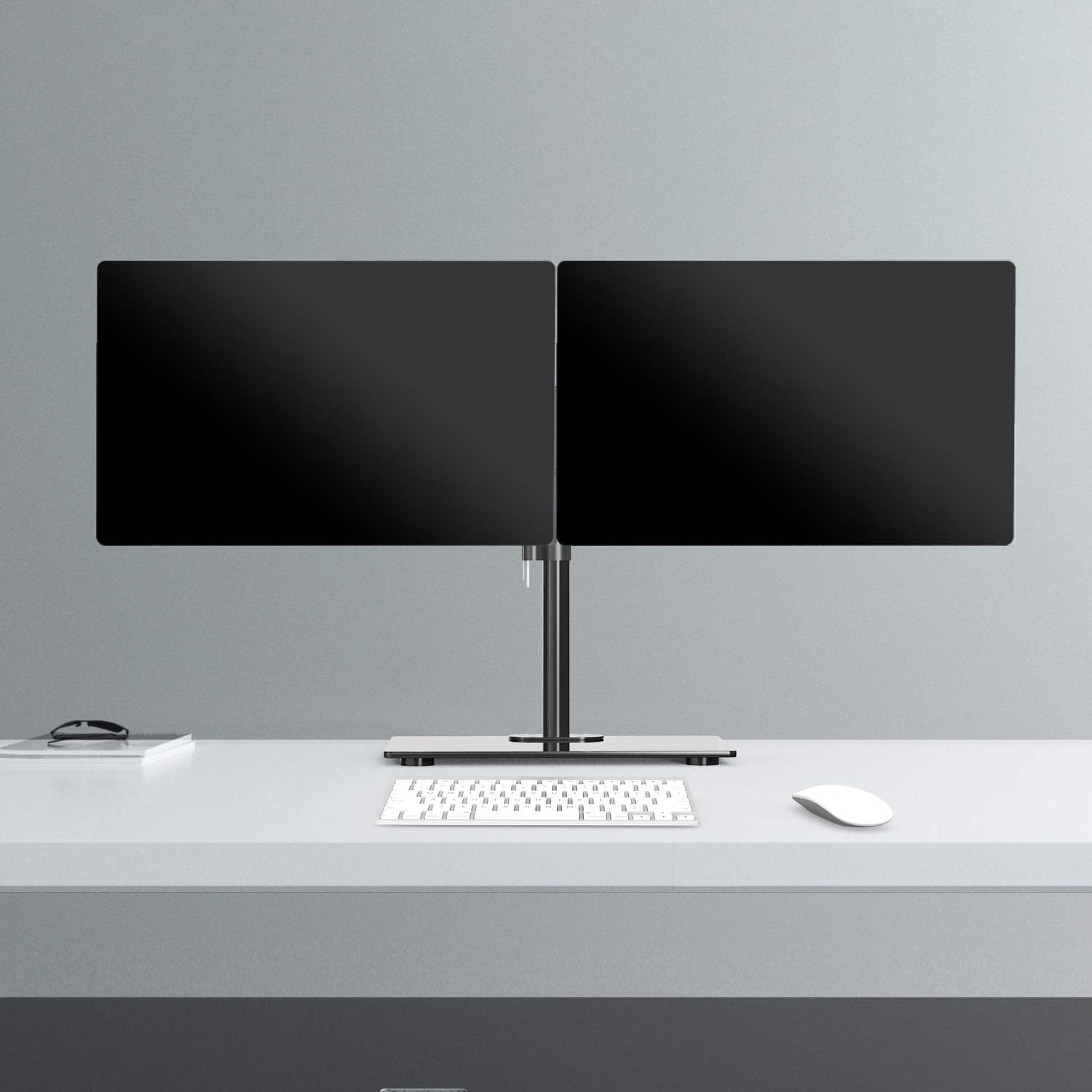 WALI GMF002 Freestanding Dual Monitor Stand with glass base holding two monitors