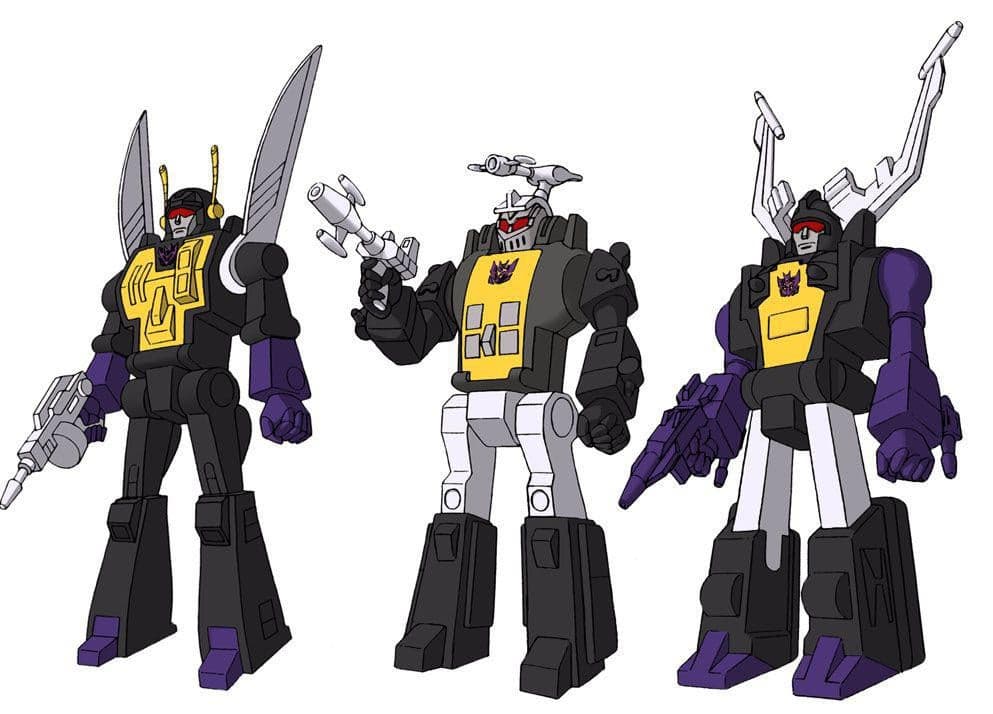 Les trois Insecticons G1 : Shrapnel, Kickback et Bombshell en mode robot