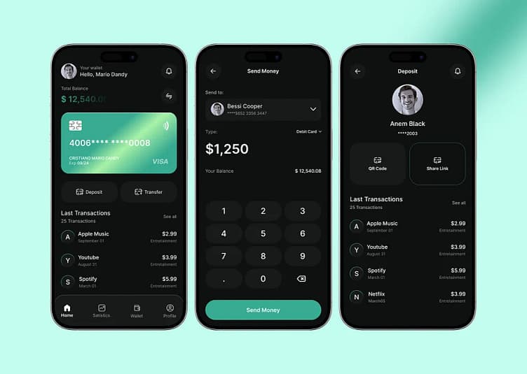 Android fintech mobile app dark UI with payment and transaction screens — Graphic Island mobile development