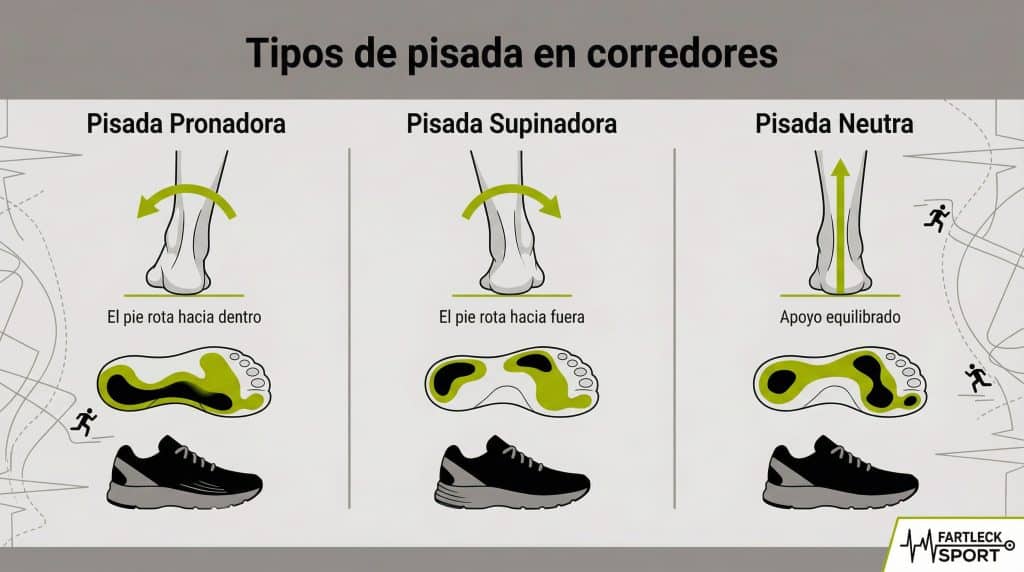 Infográfico ilustrando pisada pronada, neutra e supinada com impacto no tênis