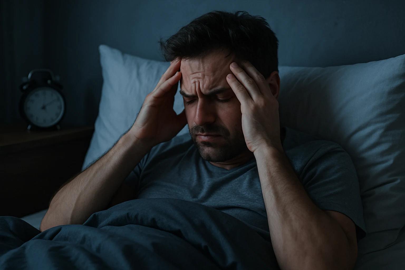 sleep paralysis causes — man in bed stressed and unable to sleep due to anxiety