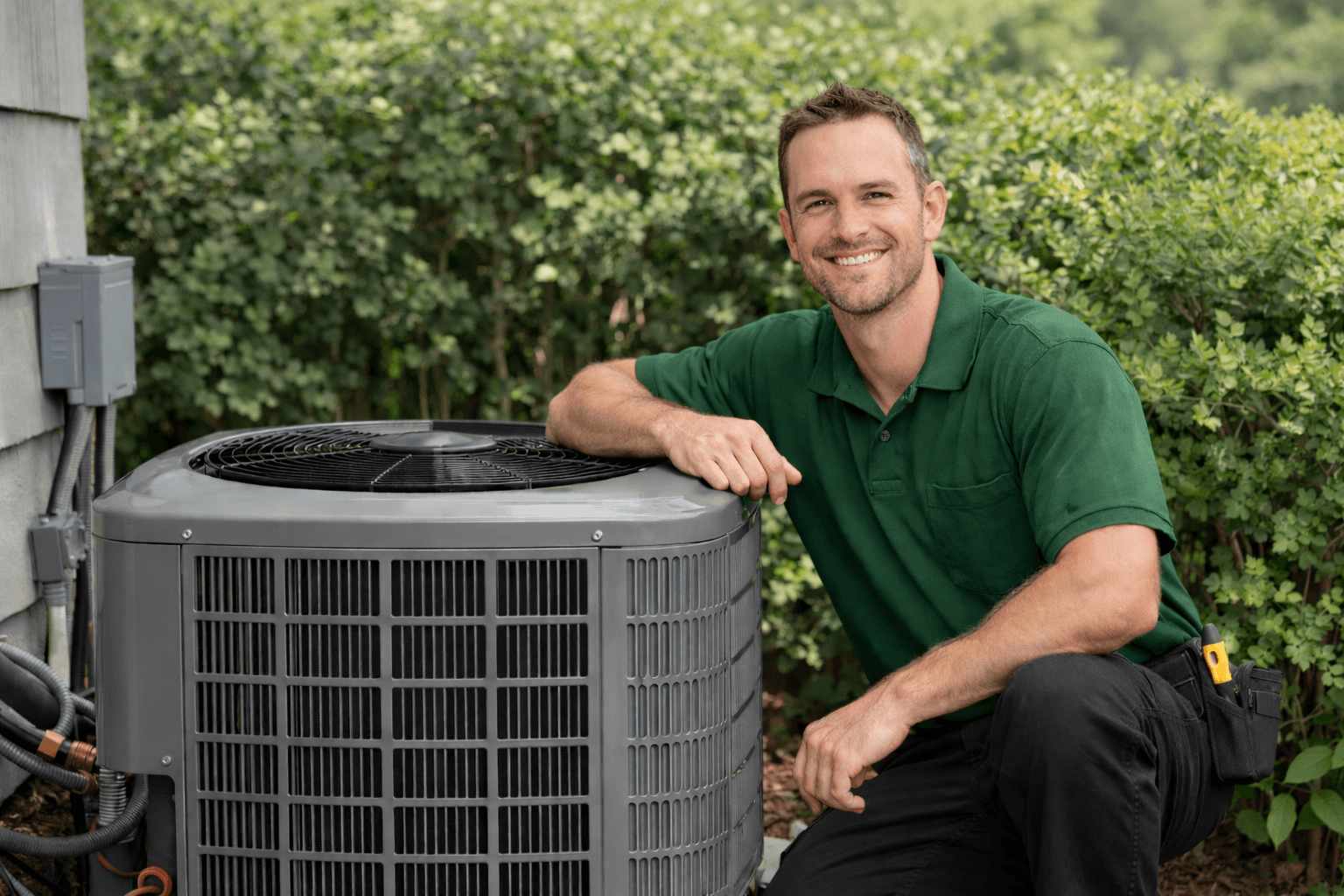 HVAC technician servicing air conditioning unit