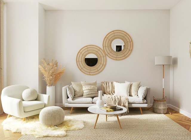 Minimalist living room with white sofa and natural decor