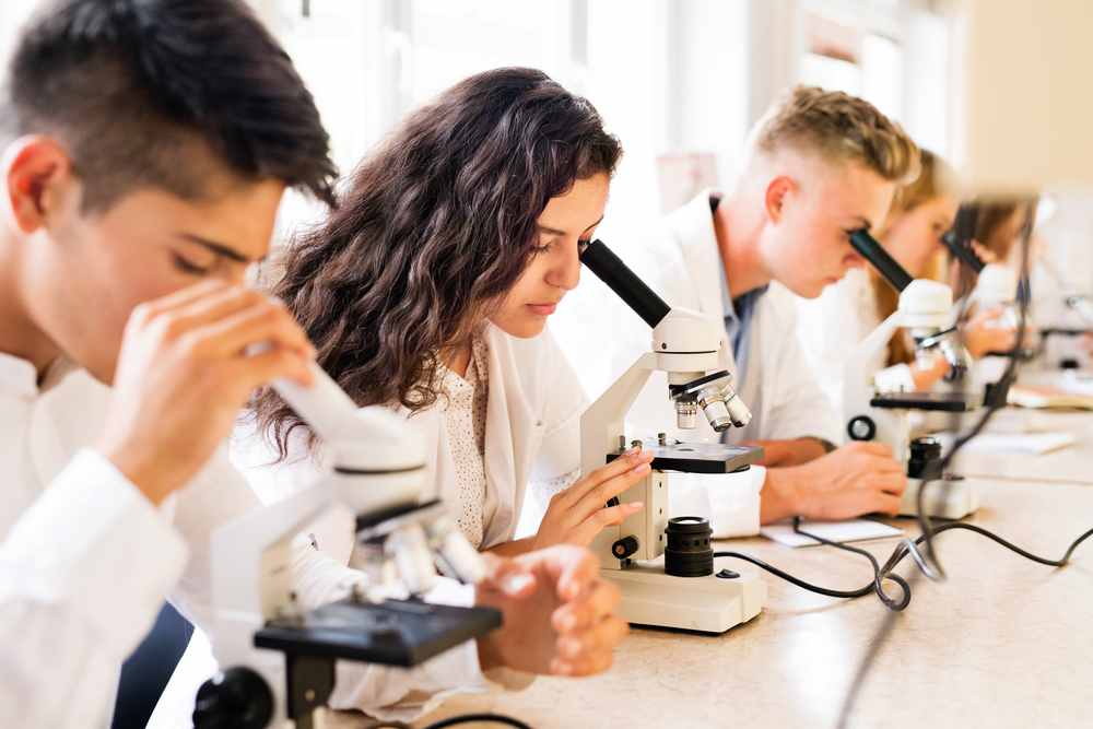 High school students conducting science experiments in a school laboratory
