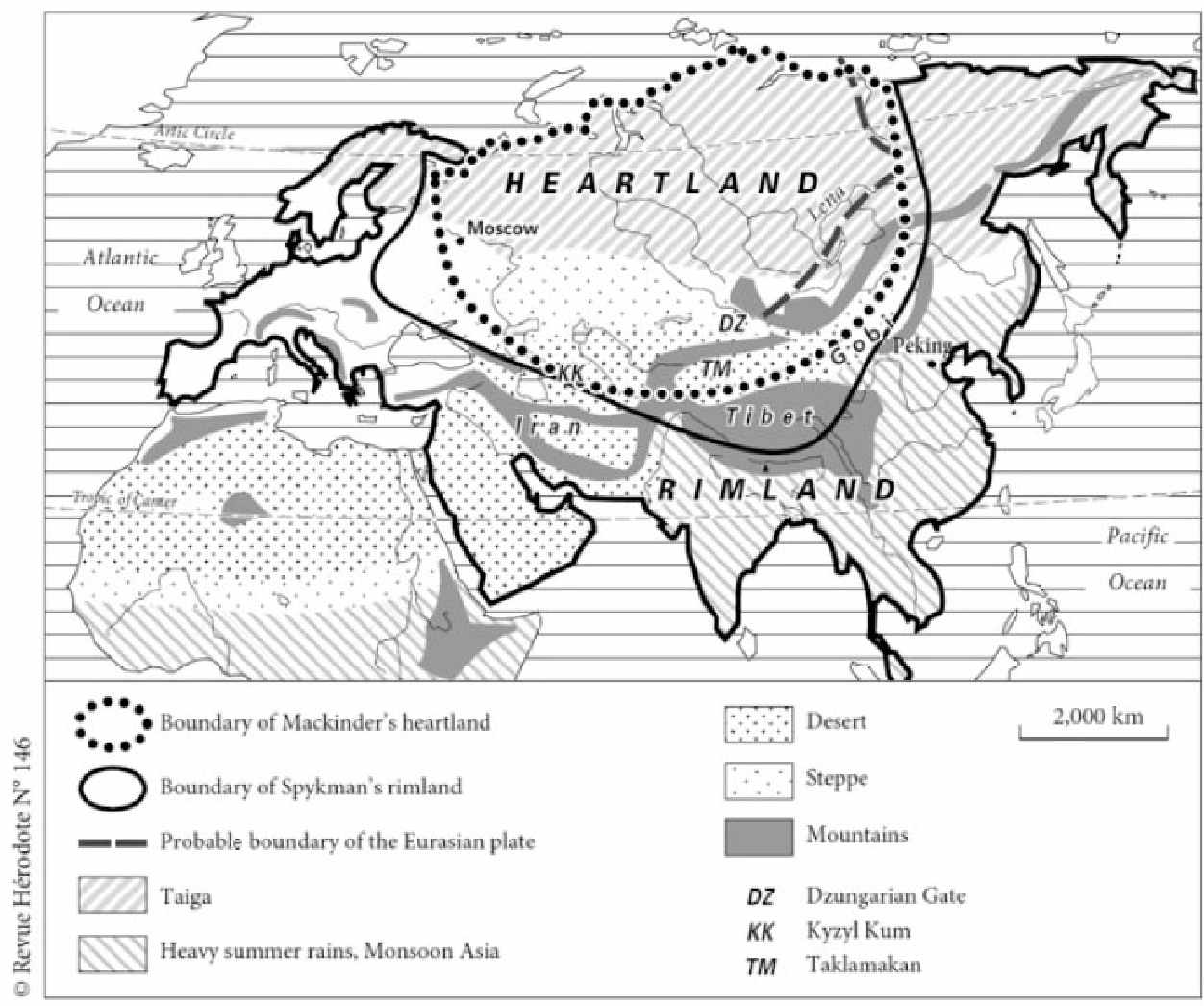 Map of Mackinder's Heartland theory showing Heartland, Rimland and World Island regions