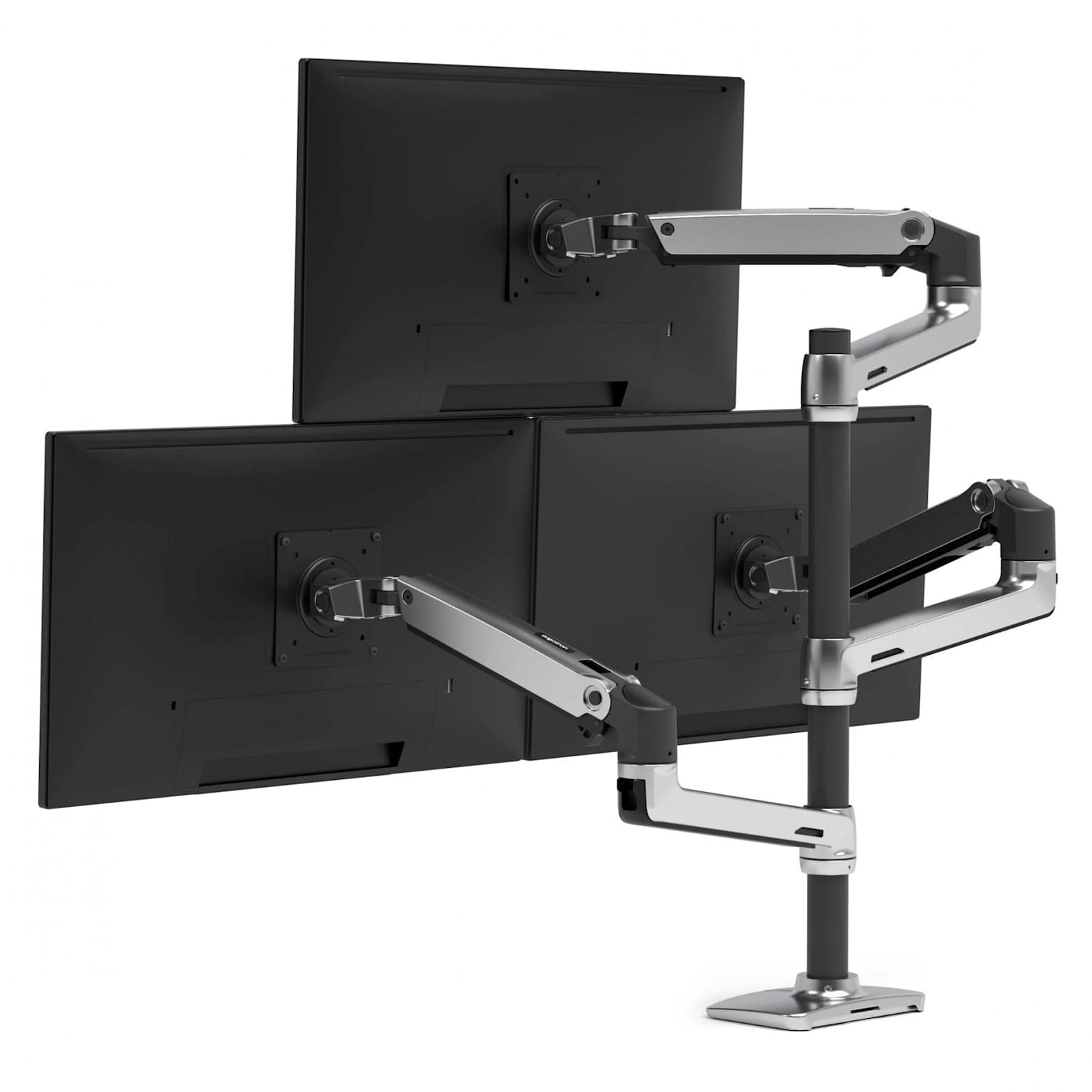 Ergotron multi-monitor desk mount arm holding three screens in a stacked and side-by-side arrangement