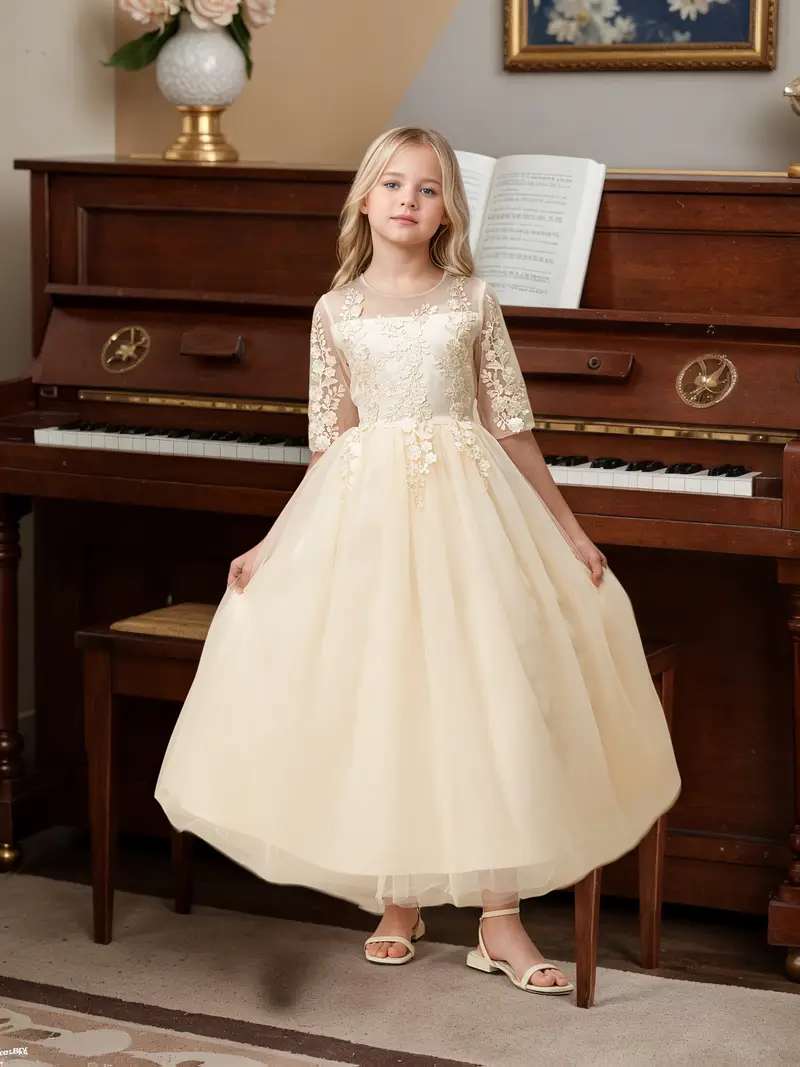 Young girl standing beside a piano