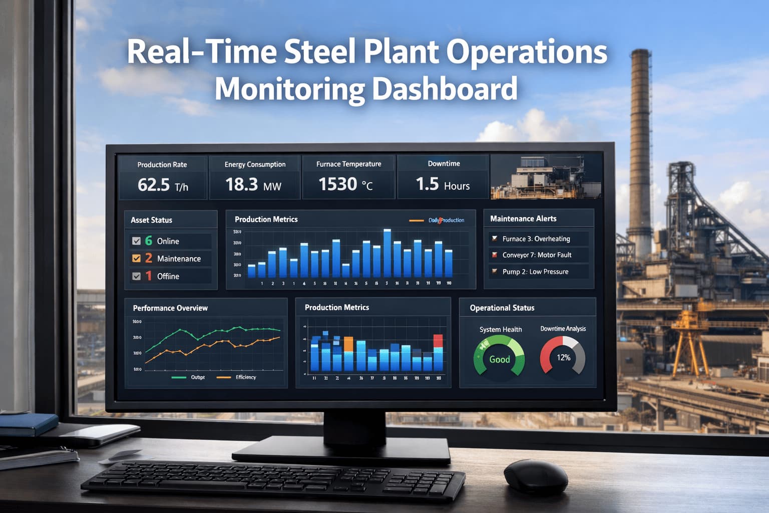 Real-time steel plant operations monitoring dashboard on a control-room screen