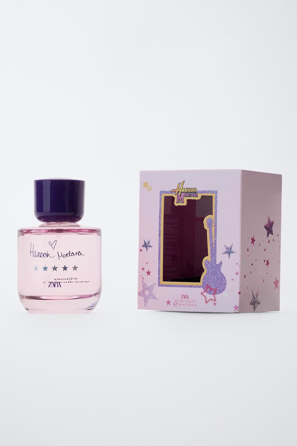 Perfume Hannah Montana Disney da Zara com frasco rosa e tampa roxa