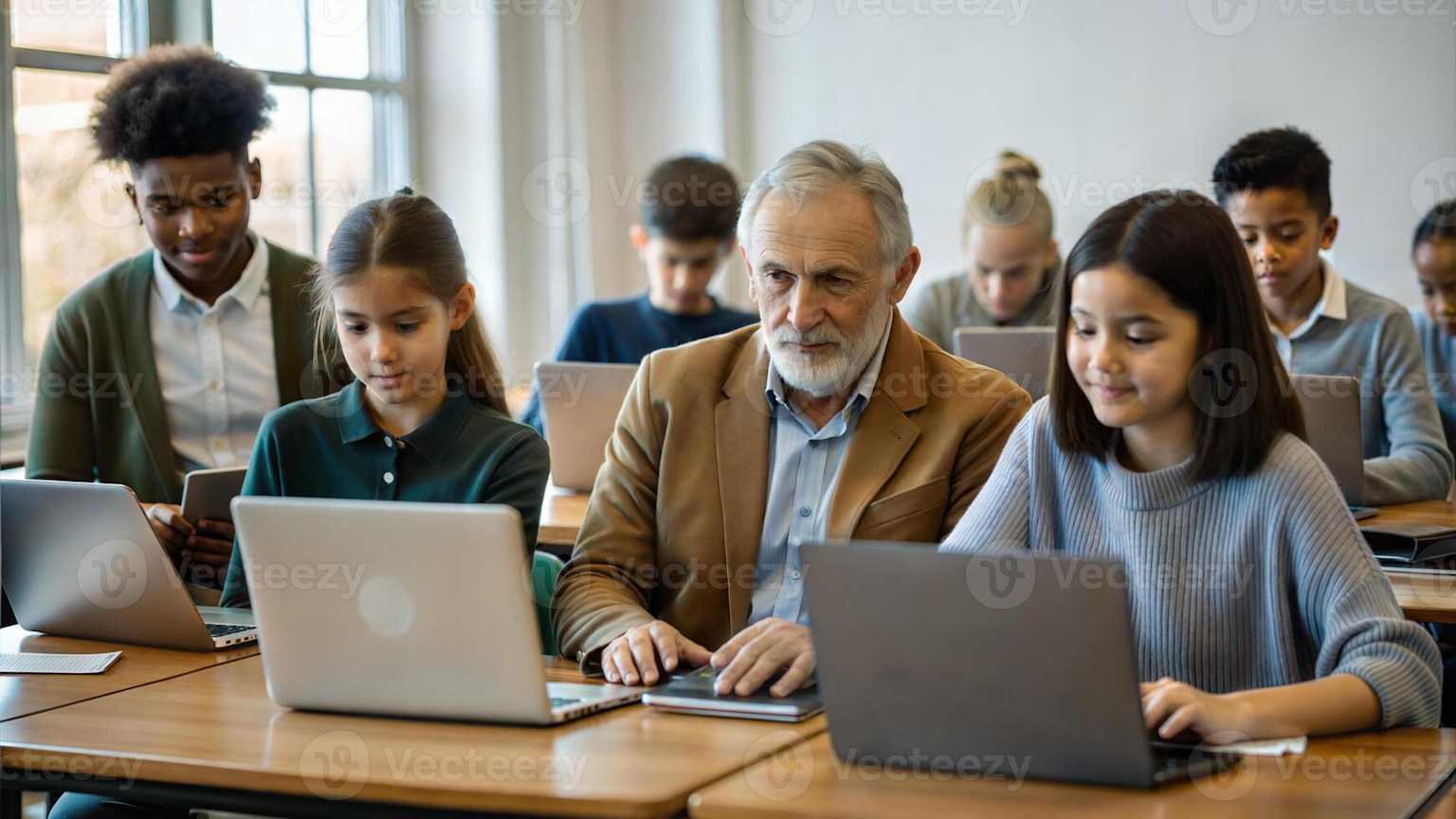 Diverse group of students learning together with laptops in a classroom