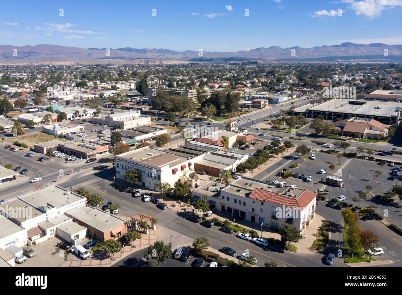Aerial view of downtown Santa Maria, California and surrounding neighborhoods