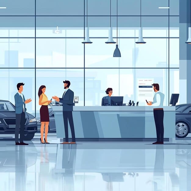 Illustrated automotive dealership team working together in a modern showroom