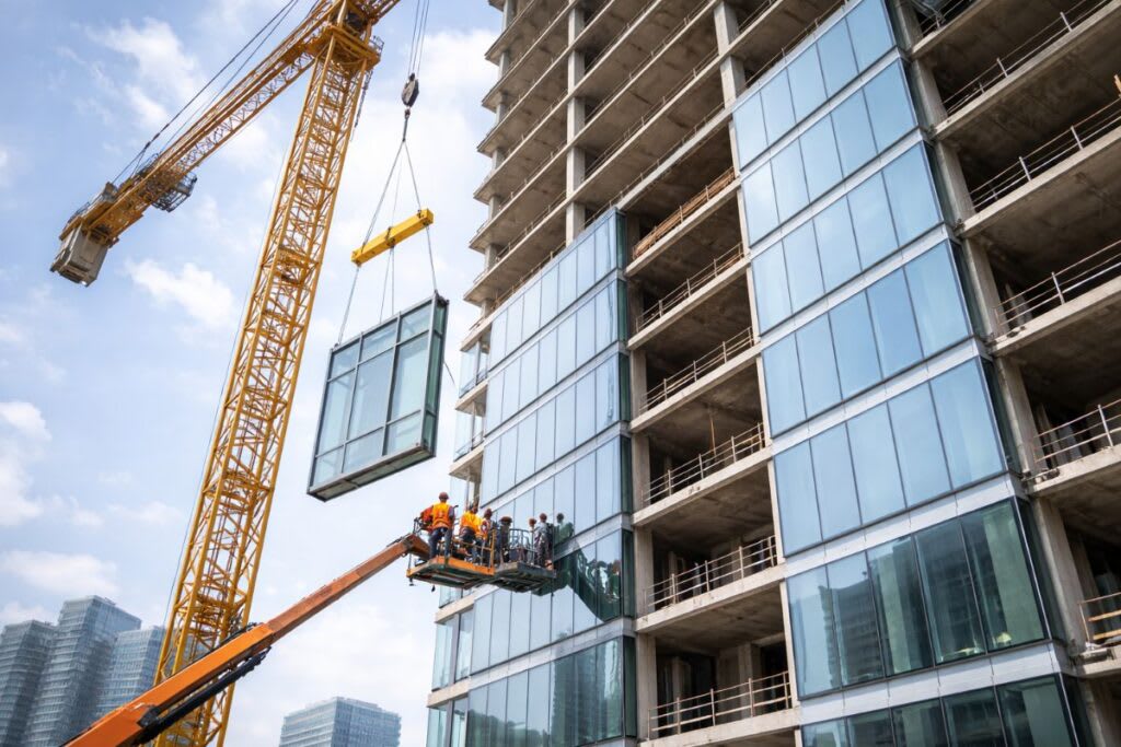 Professional construction workers on a commercial building site demonstrating safe working practices