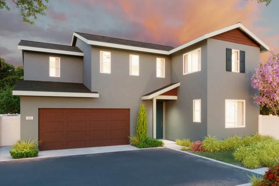 Modern Lompoc-style suburban home at sunset