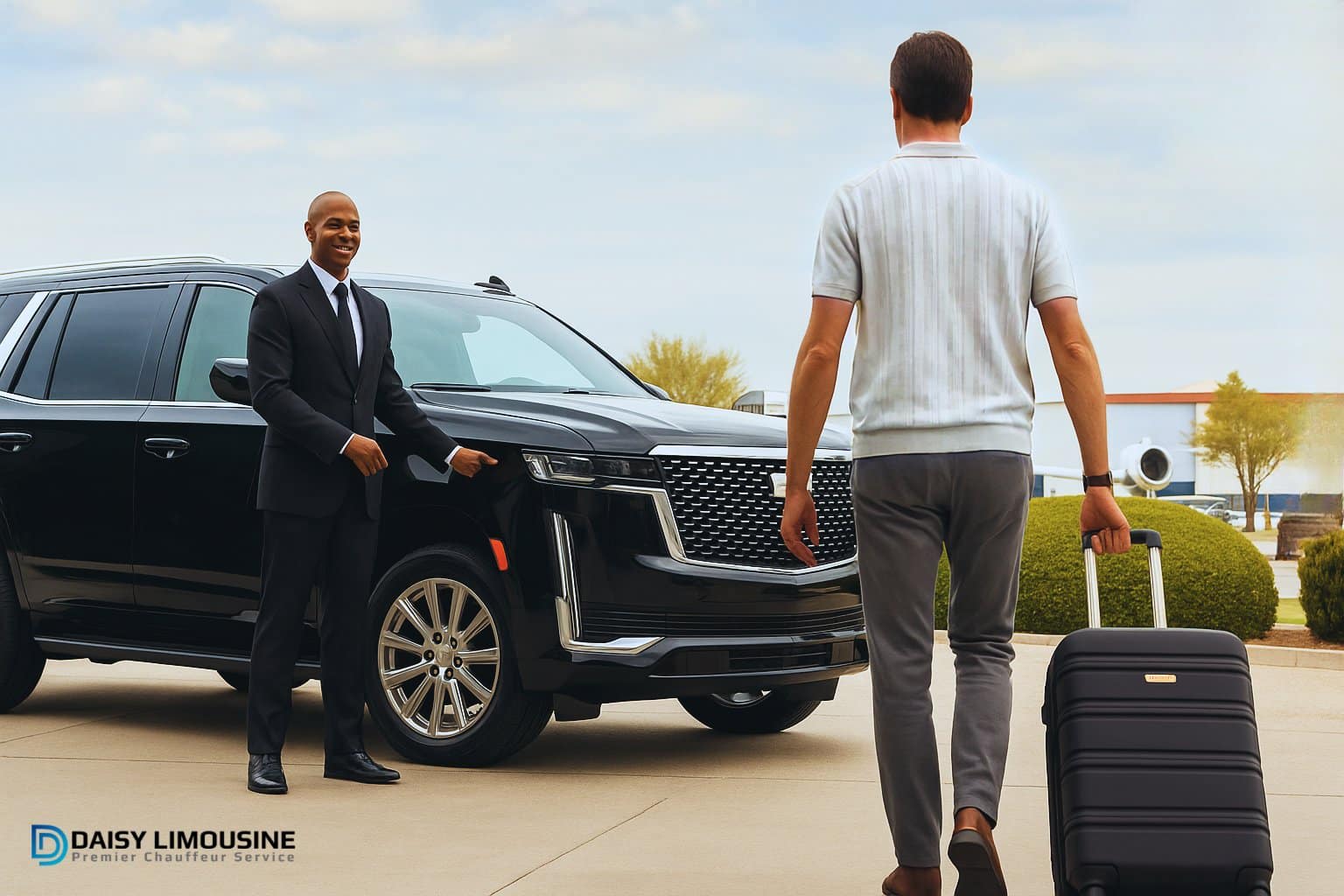 Professional chauffeur service with luxury SUV and traveler luggage