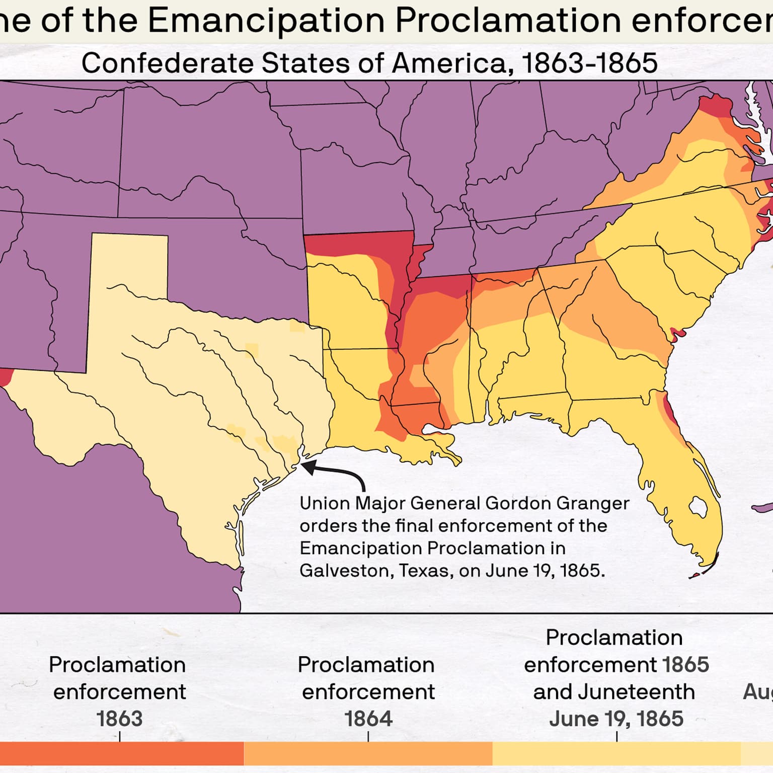 Map showing the path from the Emancipation Proclamation to Juneteenth enforcement.