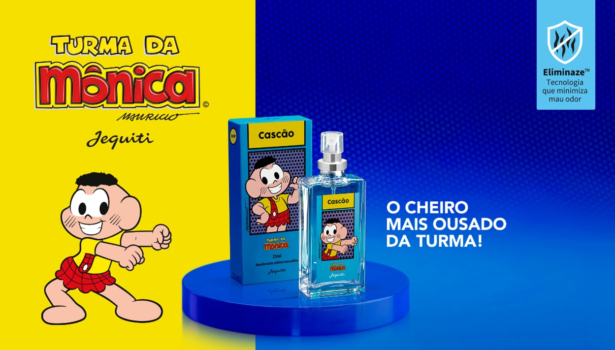 Arte promocional do perfume Cascão da Jequiti com frasco azul