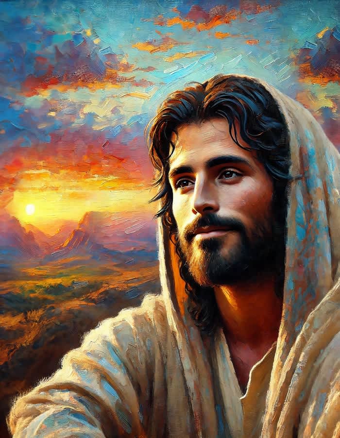 Scenic portrait of Jesus Christ in a peaceful sunset landscape