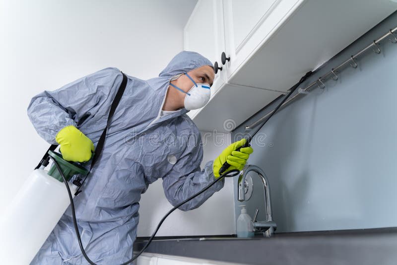 Exterminator spraying under kitchen cabinets Toronto Nomore Pest food