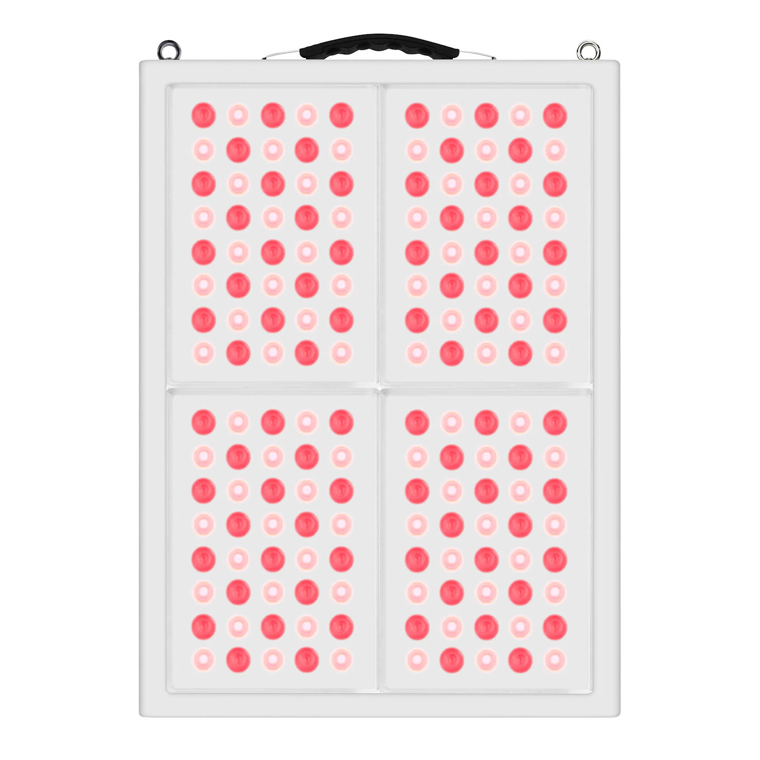 Rectangular red light therapy LED panel with red diodes arranged in a grid