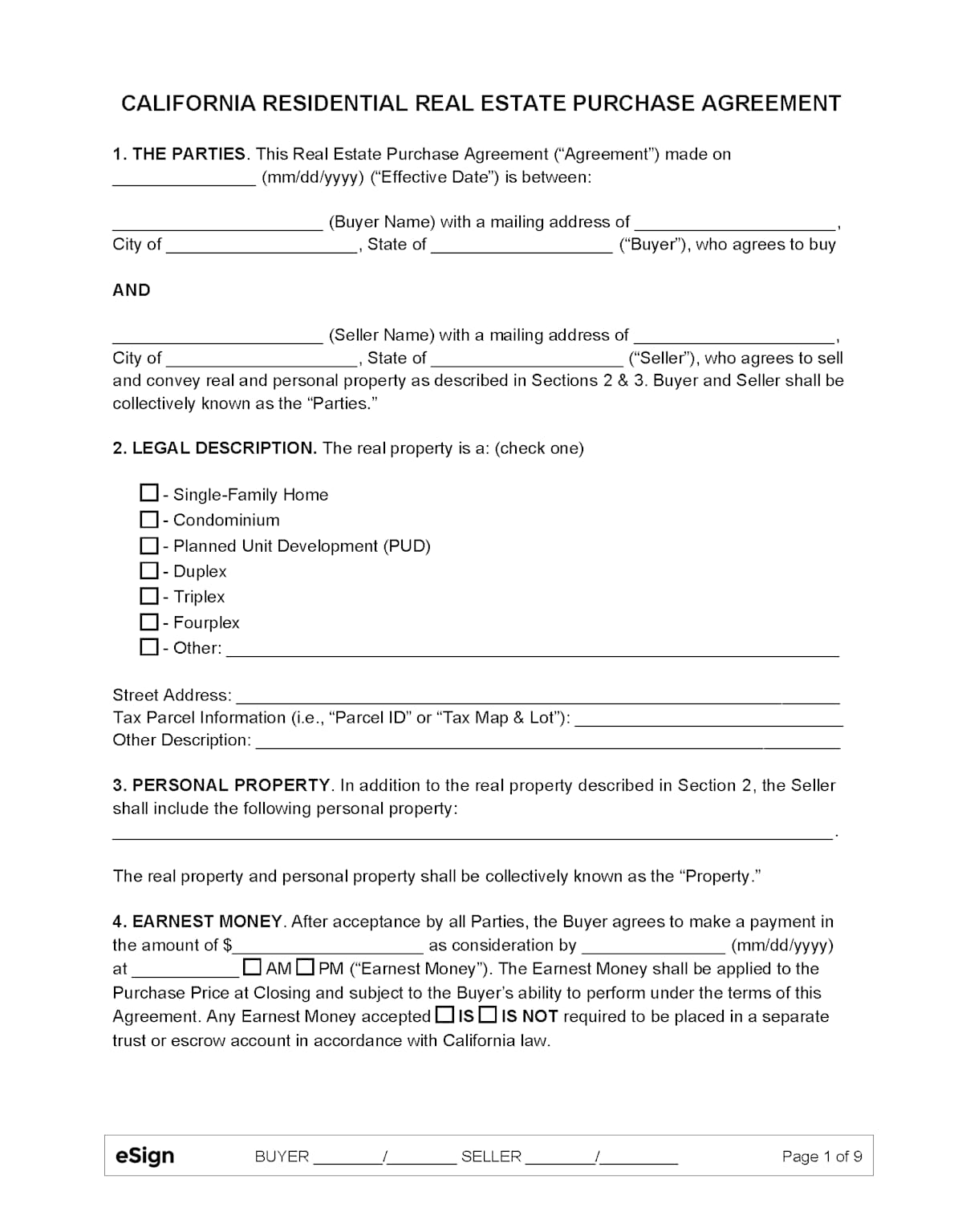 California residential real estate purchase agreement document