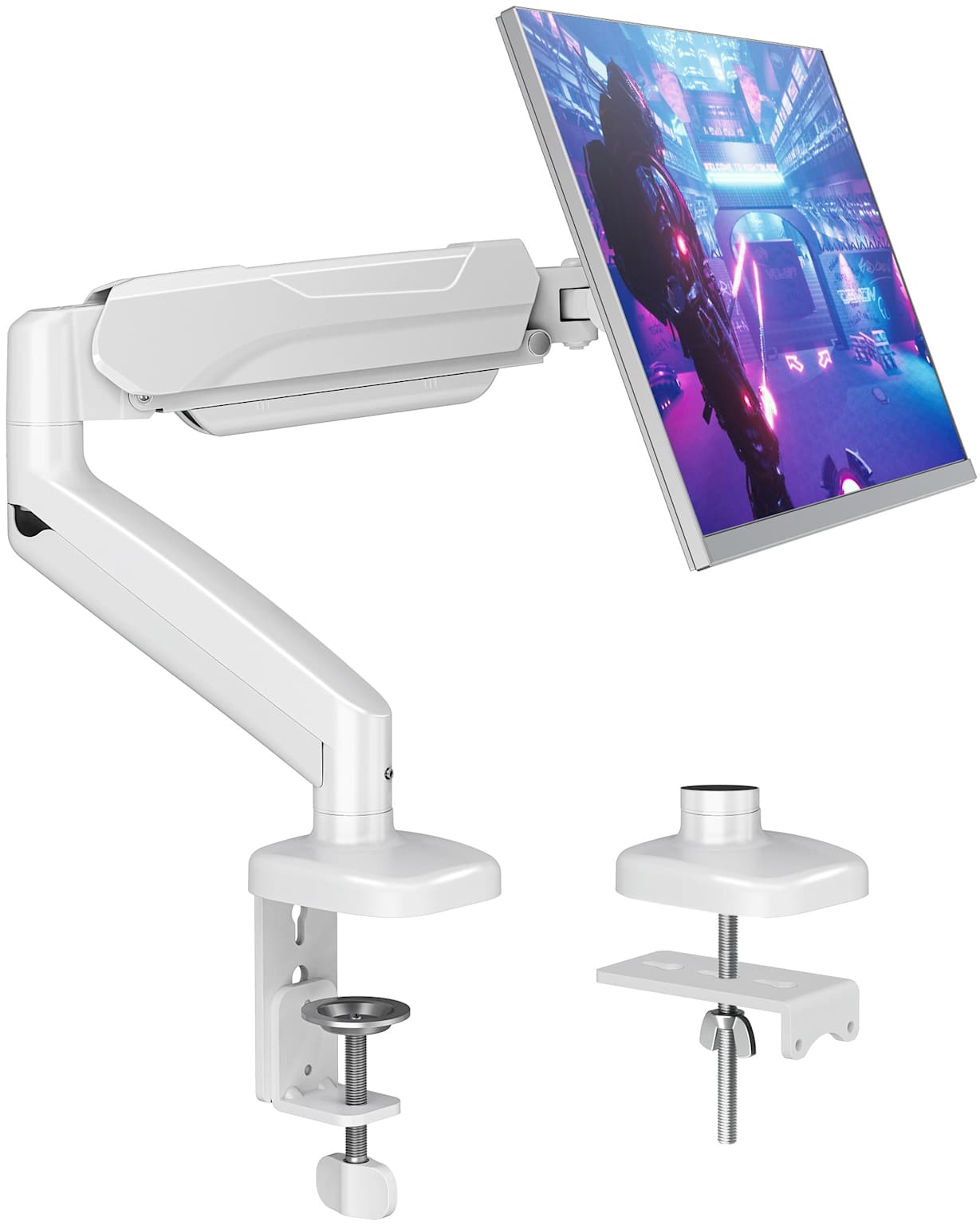 Suptek white gas spring monitor arm desk mount holding curved gaming monitor