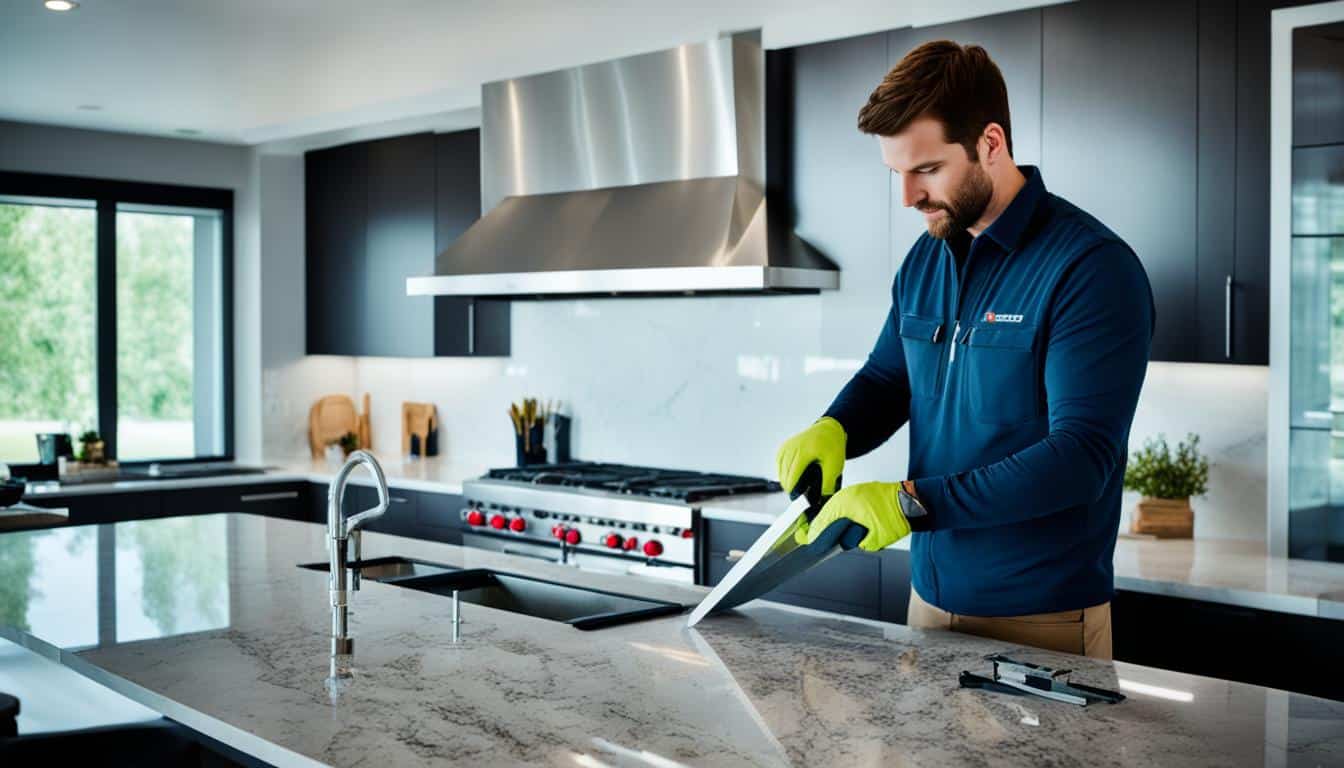 Free countertop installation consultation — countertop installer reviewing material samples and kitchen layout with homeowner