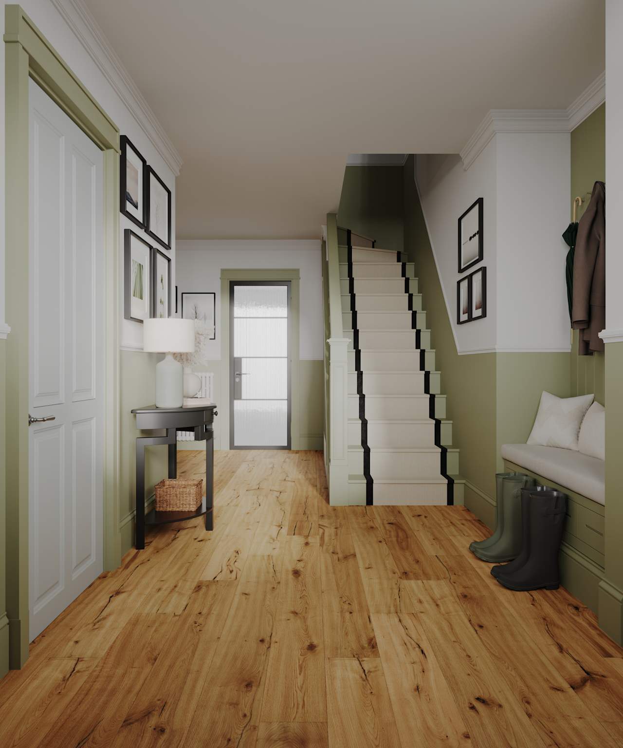 Green hallway & black stairs — Uckfield