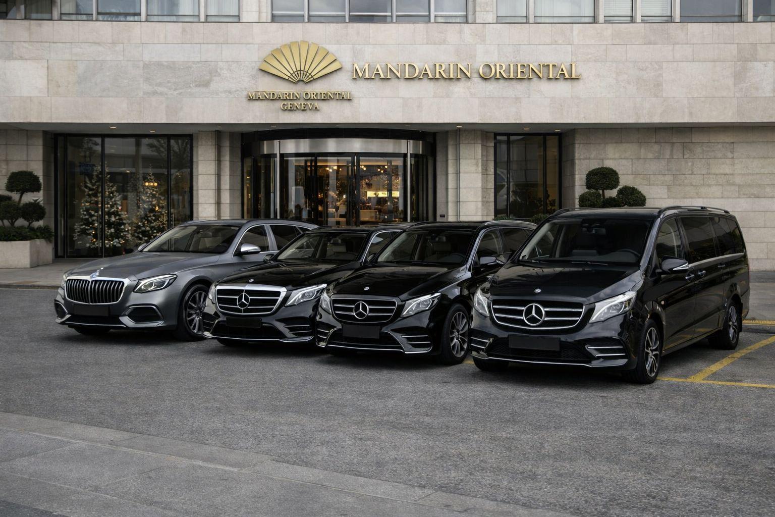Black Mercedes-Benz vehicles parked outside Geneva hotel