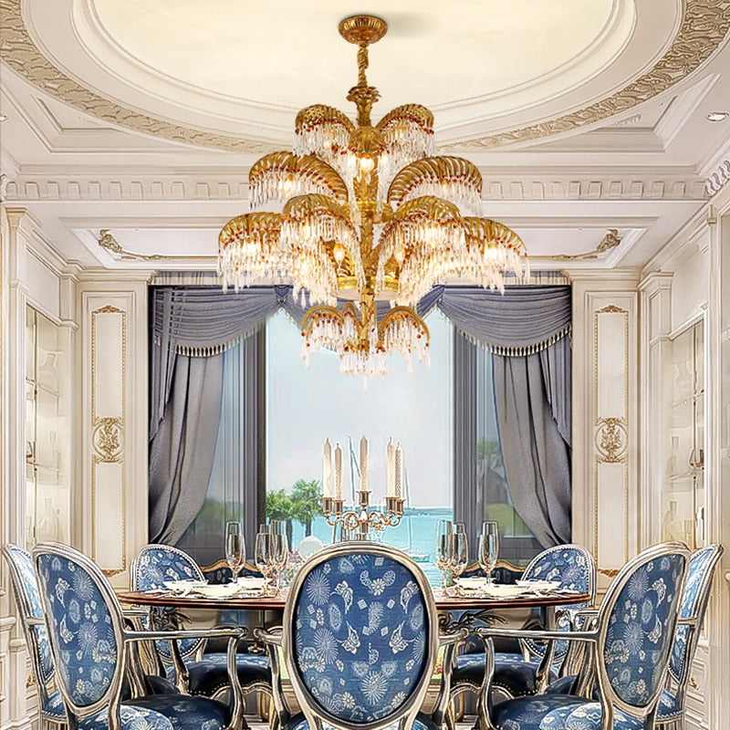 European villa crystal chandelier over dining table with ocean view