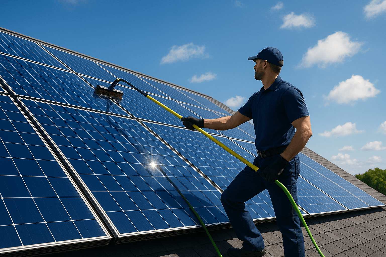 Technician cleaning solar panel array
