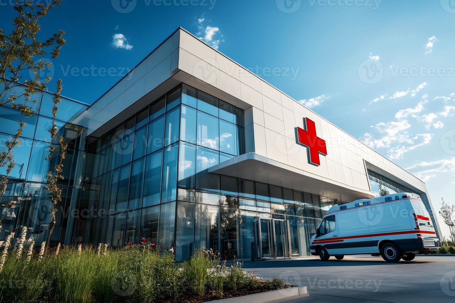 Modern hospital building exterior with ambulance