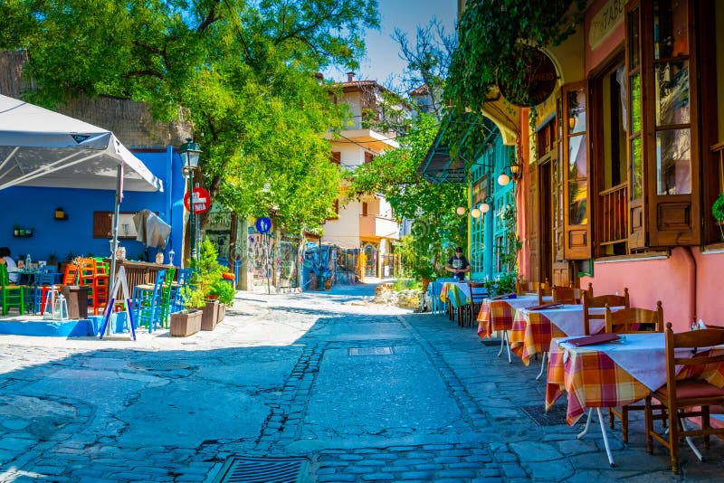 Narrow cobblestone street in the old town of Thessaloniki, Greece