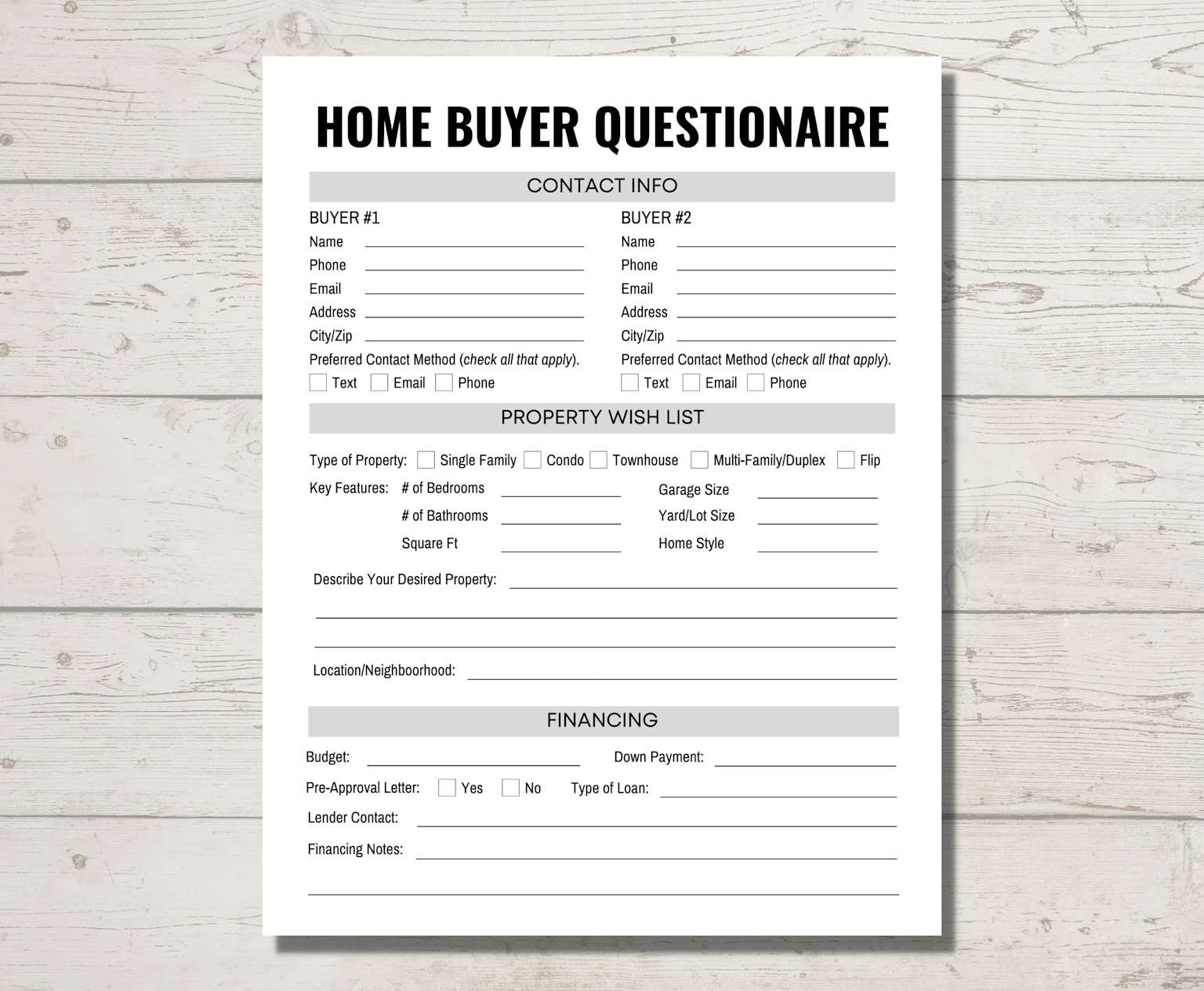 Home buyer questionnaire and financing form
