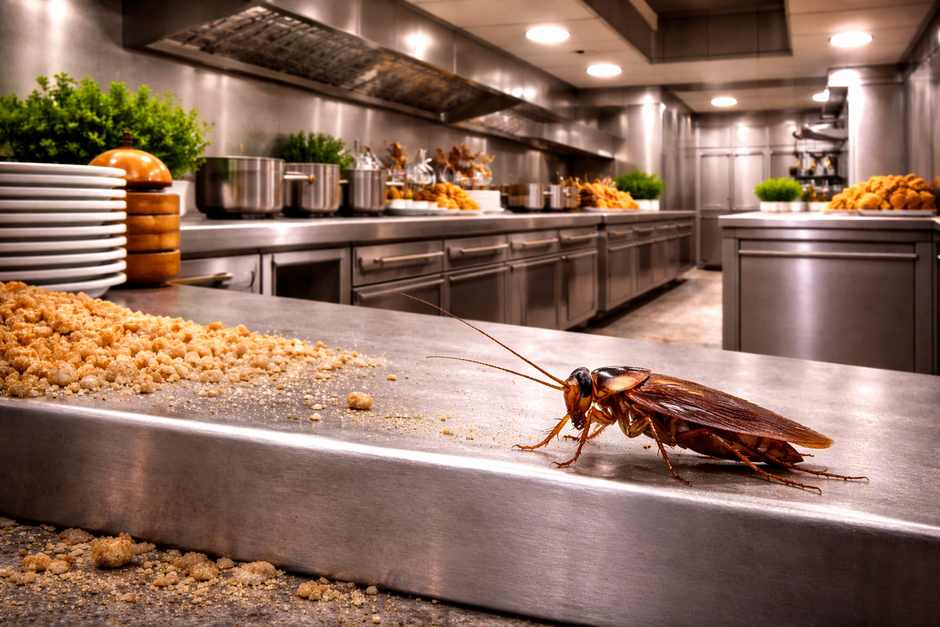 Cockroach on stainless steel commercial kitchen counter Toronto Nomore Pest