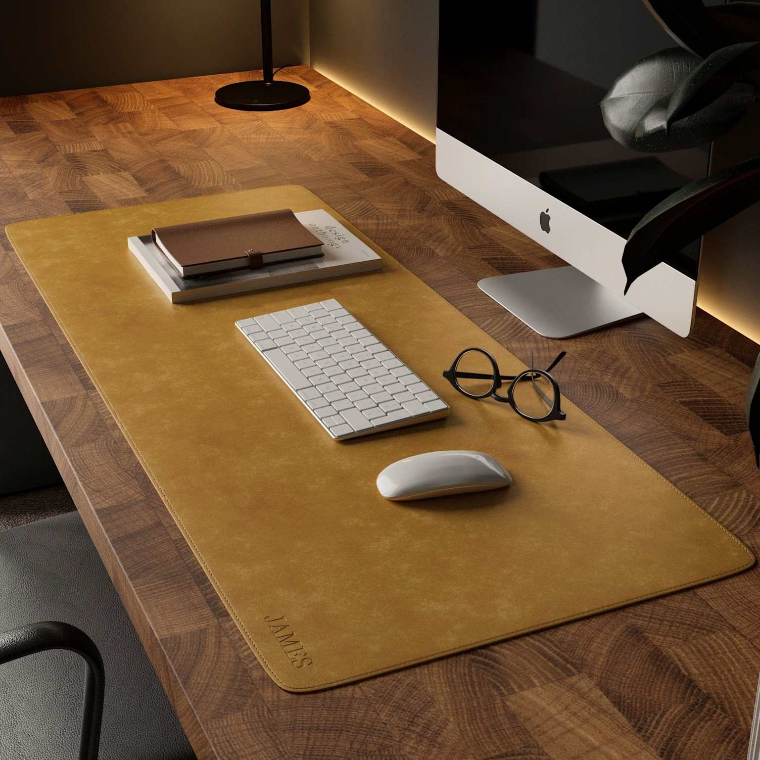 Harber London Leather Desk Mat &mdash; handcrafted full grain leather with felt backing on clean desk setup