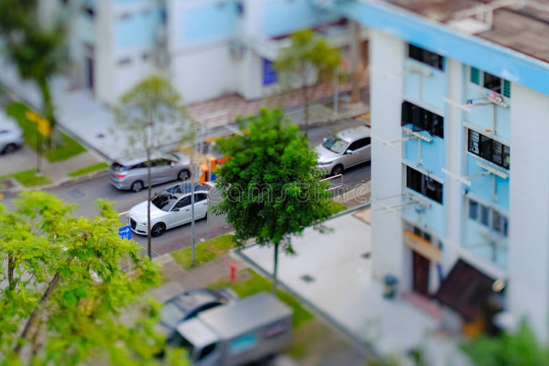 Tilt-shift photography miniature effect aerial city view