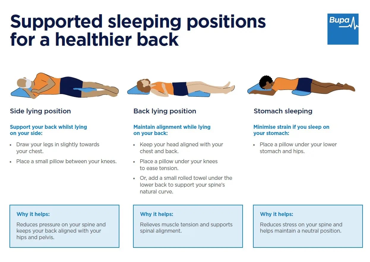 Best Sleeping Position: Side, Back & Stomach Guide 2 Best sleeping positions infographic โ side lying with pillow between knees, back lying with pillow under knees, stomach lying with pillow under pelvis