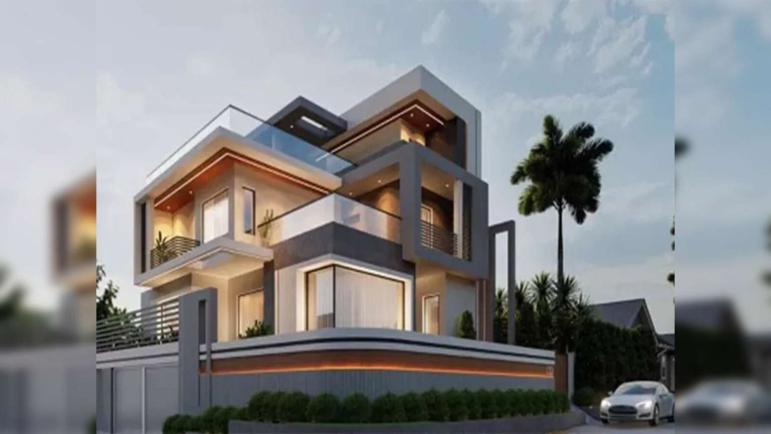 Modern residential house and landscaped exterior used for real-estate marketing