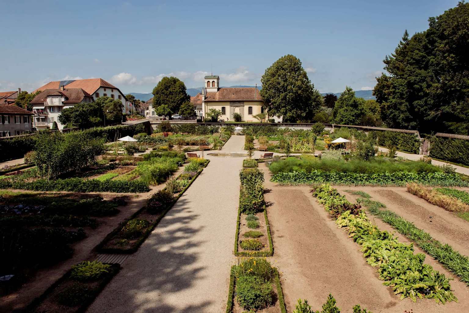 Prangins potager rows crops historic garden aerial