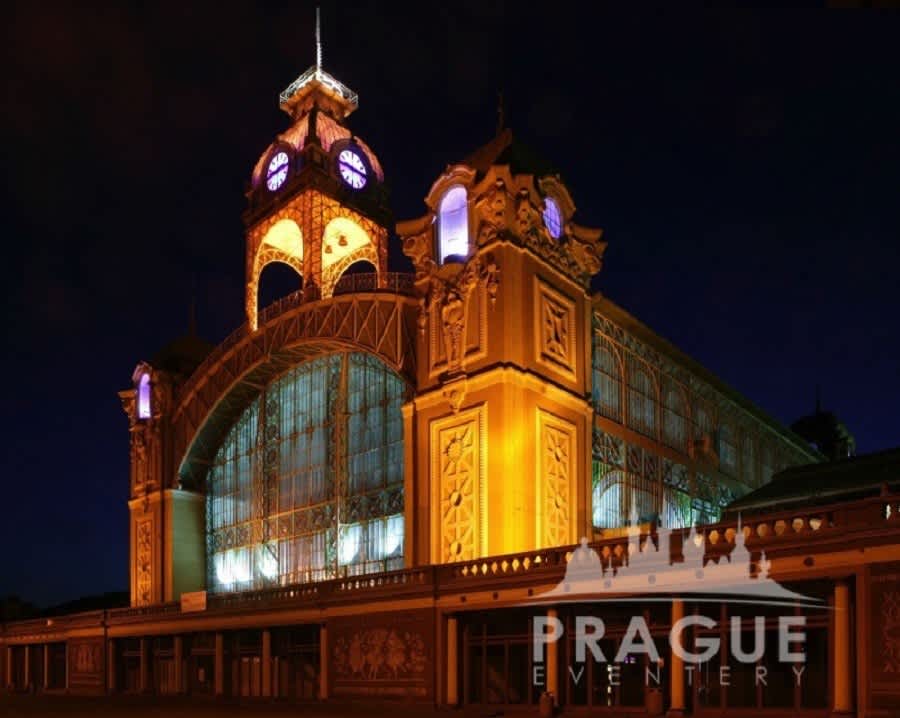 Industrial Palace illuminated night Art Nouveau